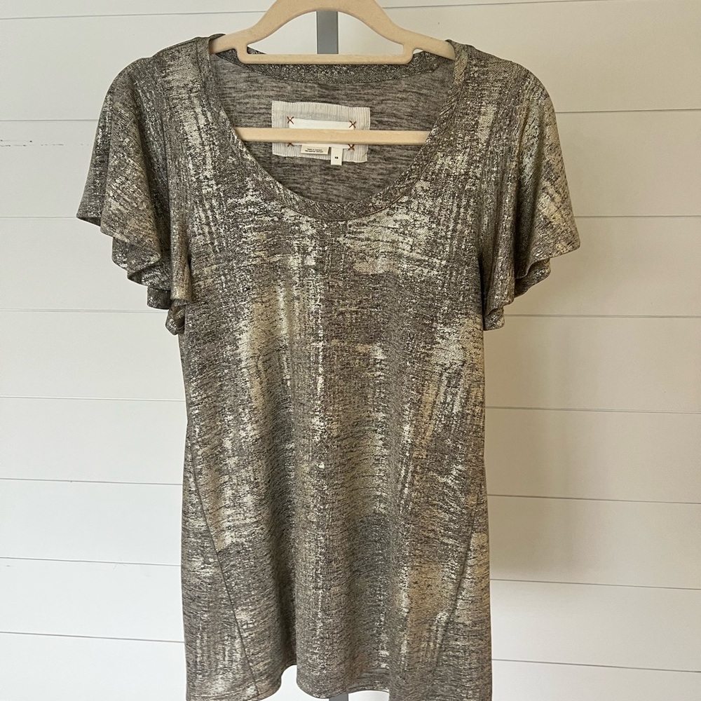 Anthropologie Metallic Flutter Sleeve Top | Holiday Sparkle
